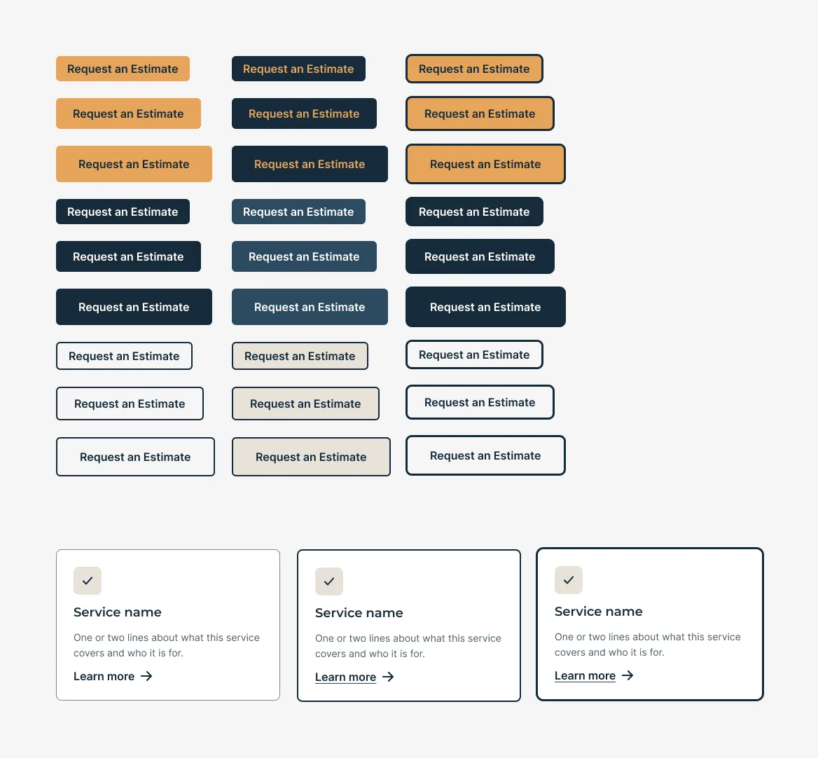 Figma component sheet: amber, navy, and outline buttons in three sizes and several states, and three service card states with an icon, title, description, and Learn more link.