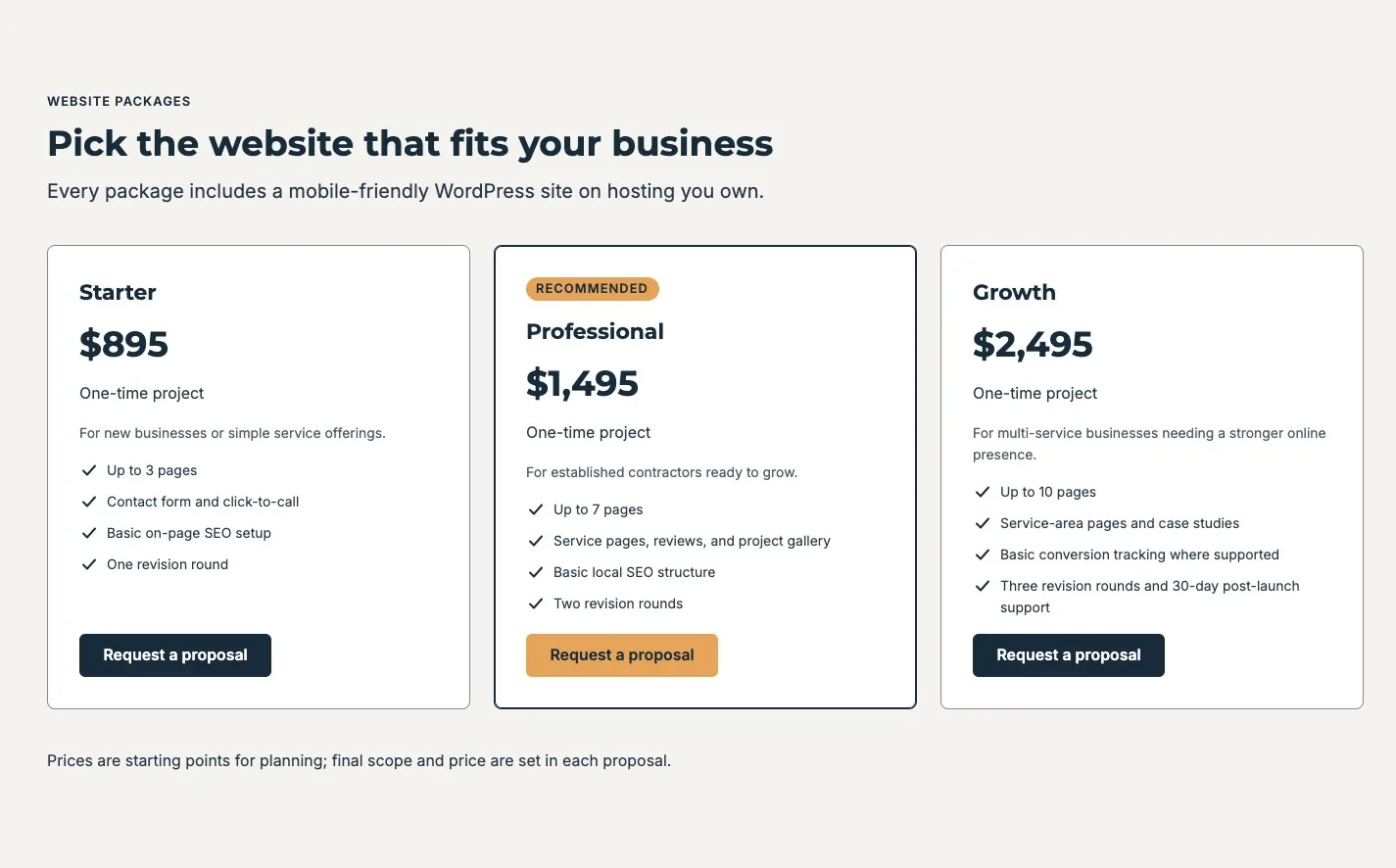 Live desktop packages section: Starter $895, Professional $1,495 marked Recommended, and Growth $2,495, each with a feature checklist and a Request a proposal button.