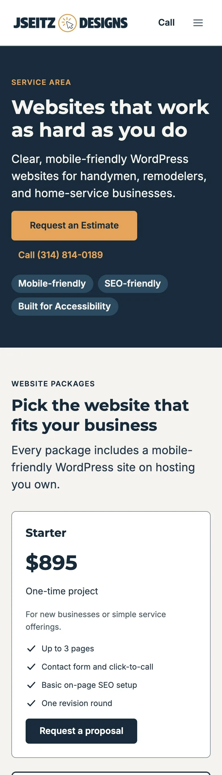 Live site on a 390px phone screen: header with logo, Call link, and menu; the navy hero with the Request an Estimate button; and the Starter package card.