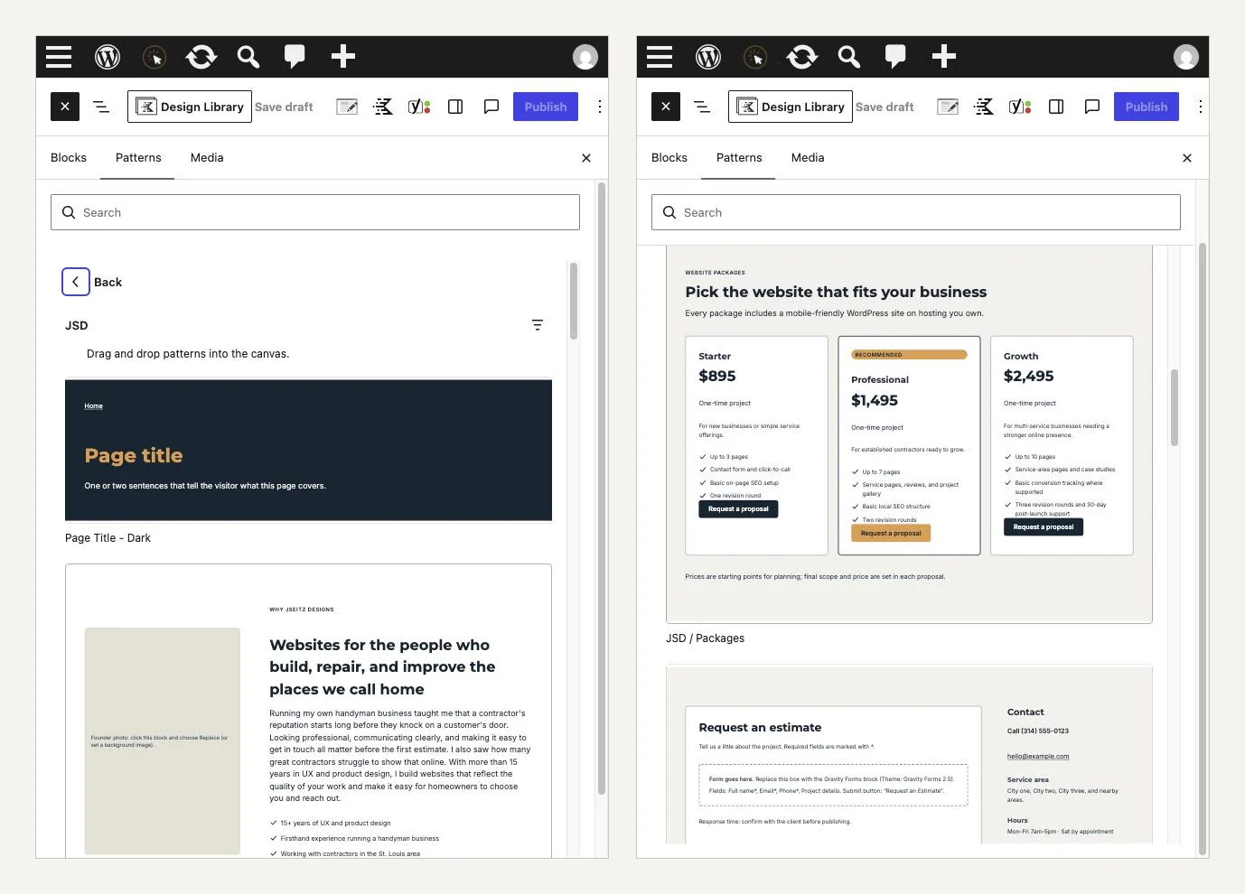 The WordPress block inserter open to the JSD pattern category, showing previews of the Page Title, Founder Story, Packages, and Contact patterns.